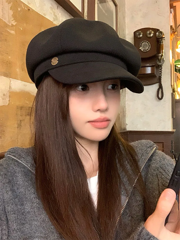 British Style Women's Beret Hat Autumn Winter New Vintage Large Head Circumference Eight Corner Hat Small Face Effect Painter...