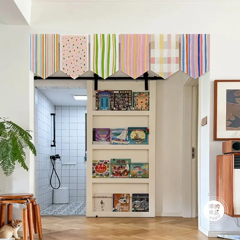 VIKAMA Pastel Color Line Grid Triangle Hanging Banner Noren Curtain Home Kitchen Bistro Entrance Wall Hanging Decor