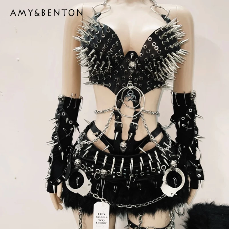 

Original Design Dark Goth Women's One-piece Sling Vest 2025 Summer New Pu Heavy Industry Punk Sexy Rock Mini Skirts Suit Ladies