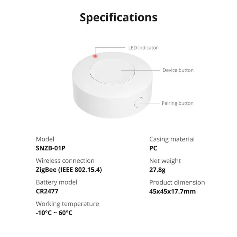 B86B Zigbee Wireless Switch SNZB-01P, Smart Scene for Creator Button for Alexa Routine, 3 Control Modes, Requires Zigbee Bridge