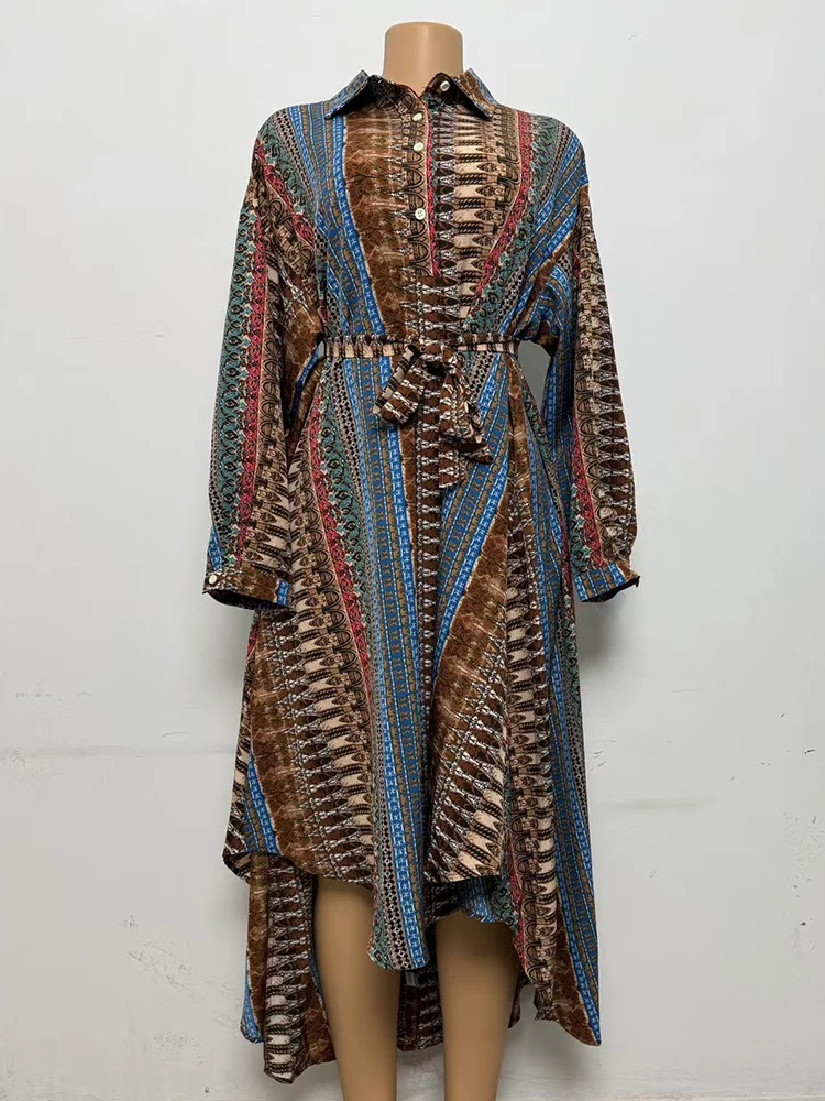 

Retro geometric print lapel tied waist long sleeved dress 2025 spring women's shirt skirt loose irregular fluffy skirt