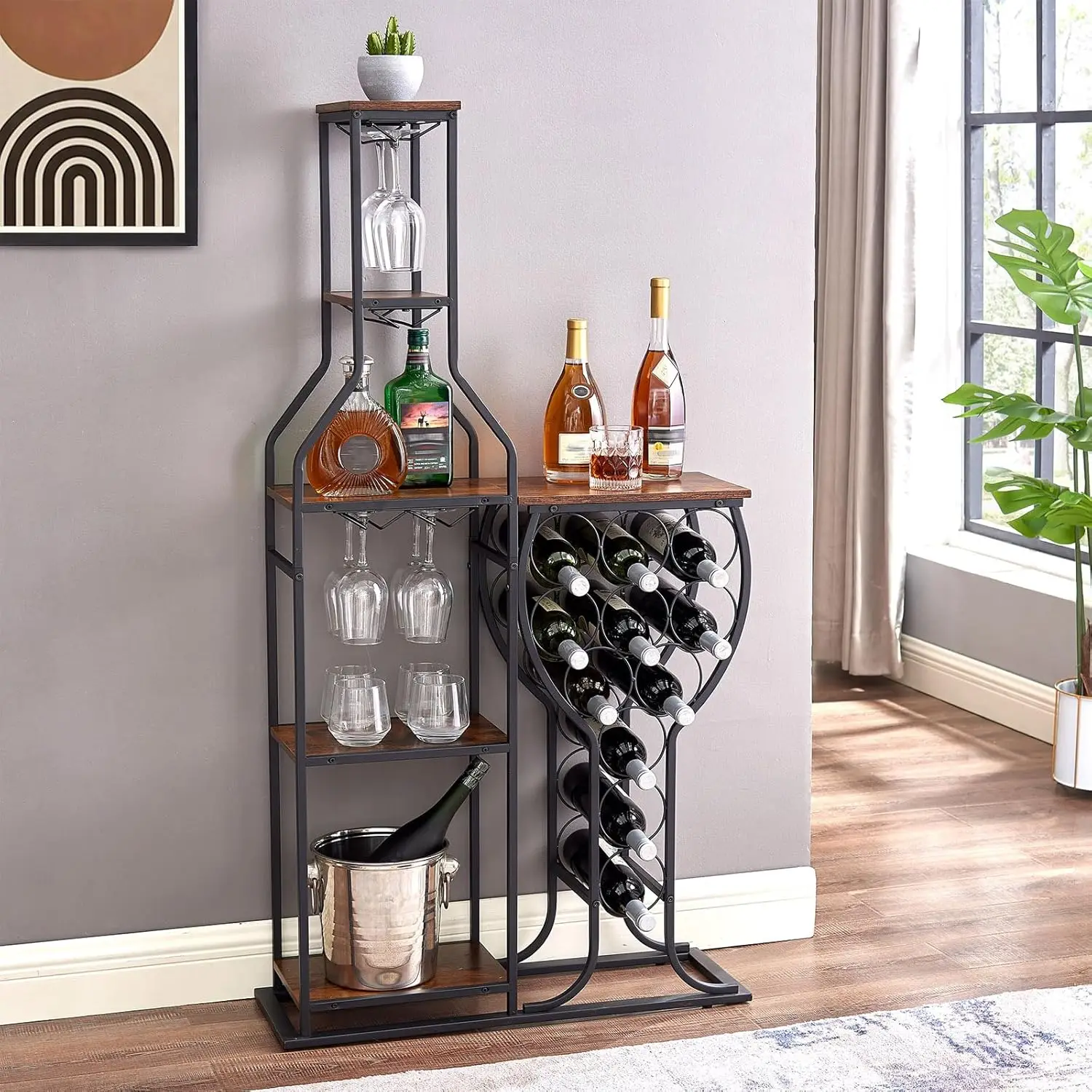 

5 Tier Wine Ra Freestanding Floor, 11 Bottle Wine Racks With Tabletop, Hanging Wine Glass Holder, Wine Storage Shelf, Wine