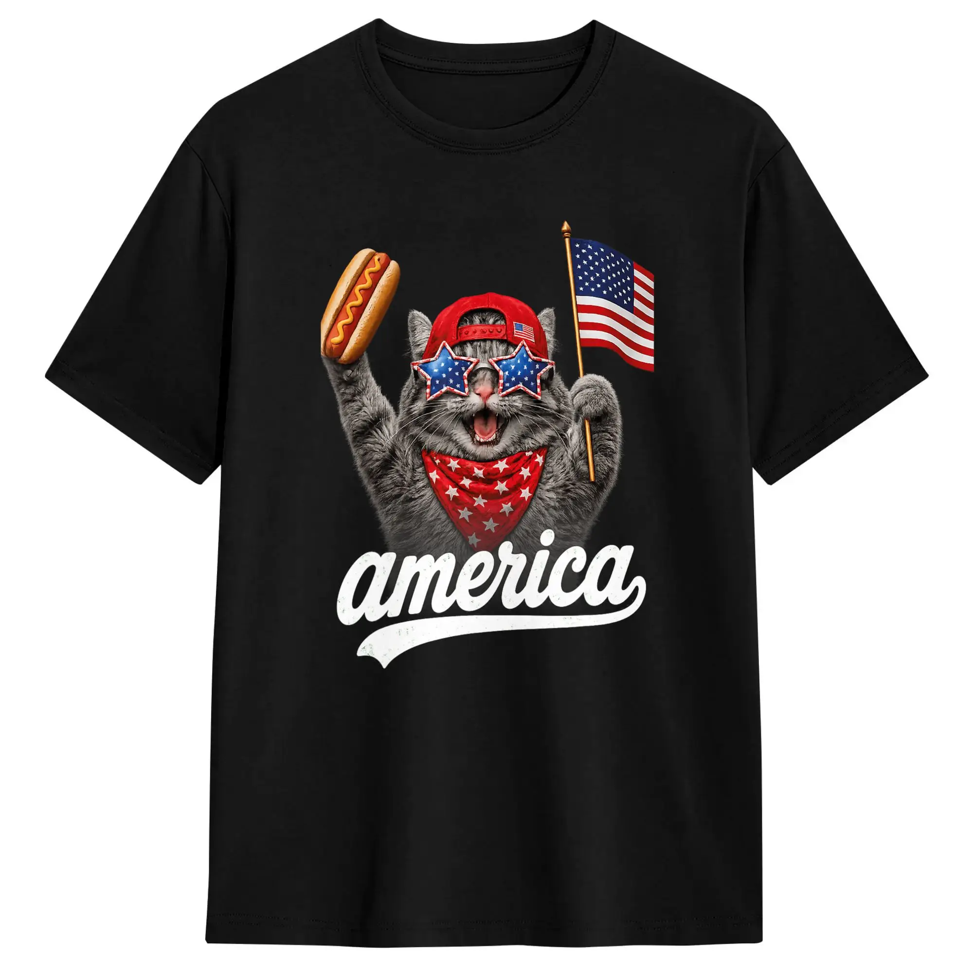 Funny Cat & Hot Dog Patriotic Cat USA Flag T-Shirt Summer  Cotton T-Shirts For Man Casual Tee Shirt Short Sleeve Streetwear Tops