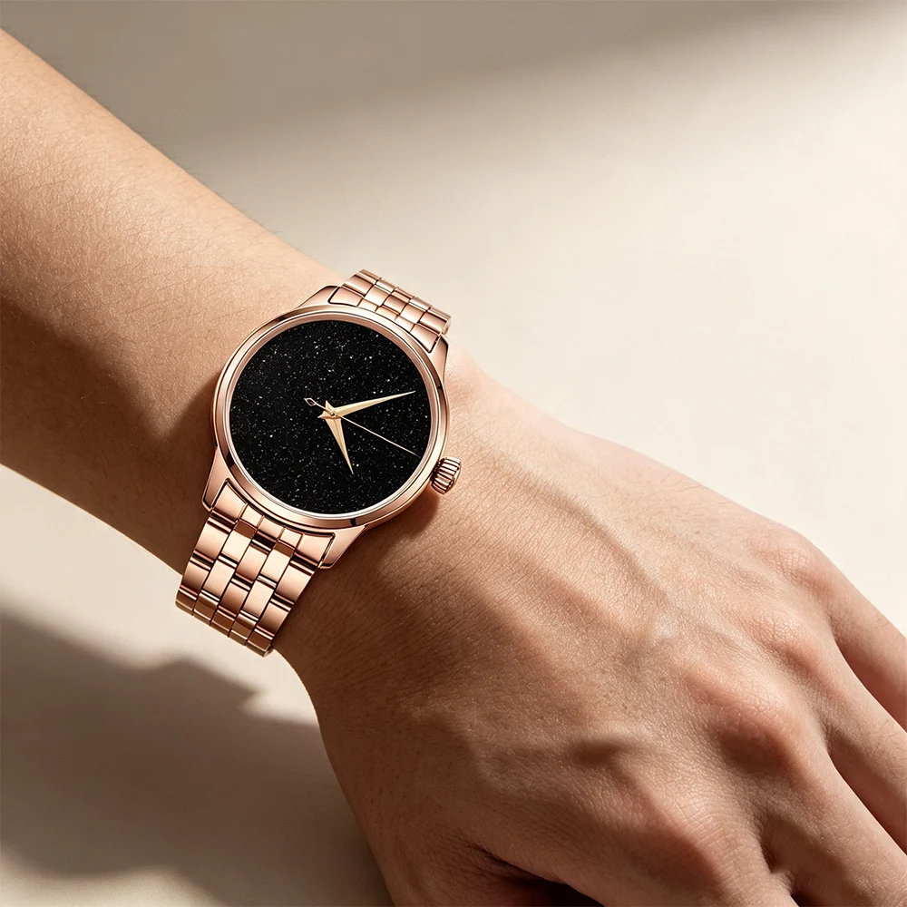 custom Cocktail Style NH35 Automatic Mechanical Watch 40.5mm Rose Gold Black Starry Dial Mineral Glass Stainless Steel Strap