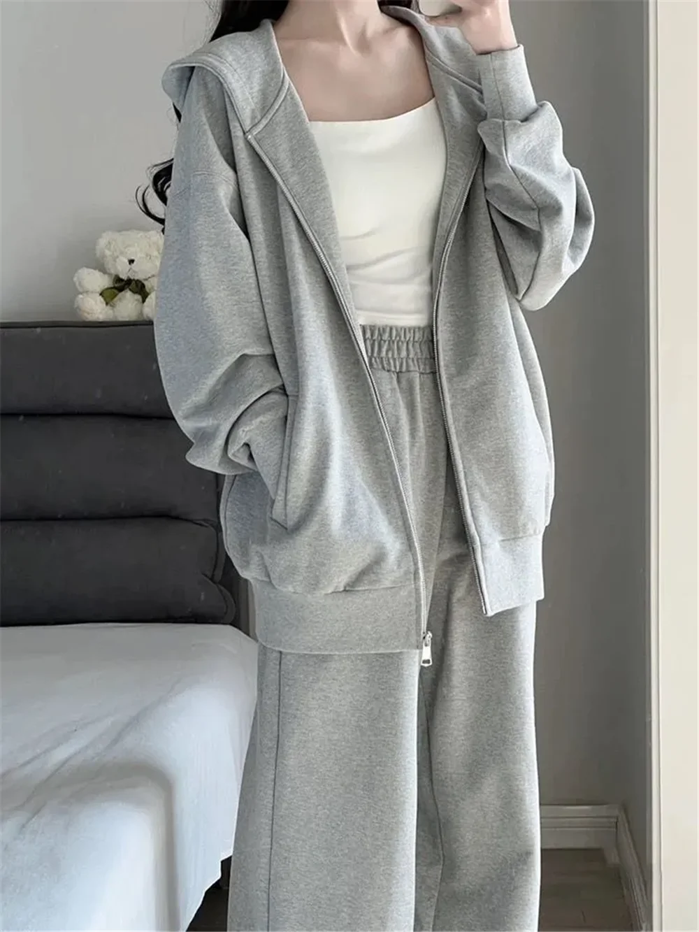 Winter Hoodie 2 Piece Autumn Women Thick Hoodie Coat Drawstring High Waist Loose Casual Pant Set Lined Fleece Clothes Streetwear