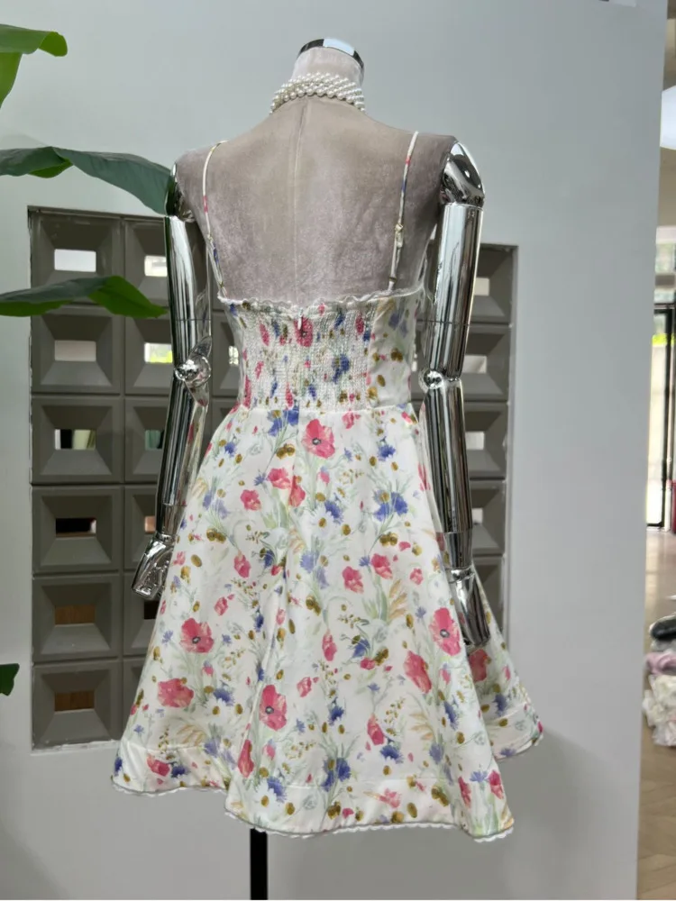 DFDG 2025 الربيع الدانتيل المشذبة Strappy الأزهار طباعة فستان قصير بوهو ملابس الشاطئ خفيفة الوزن تنفس فستان الشمس أنيق غير رسمي