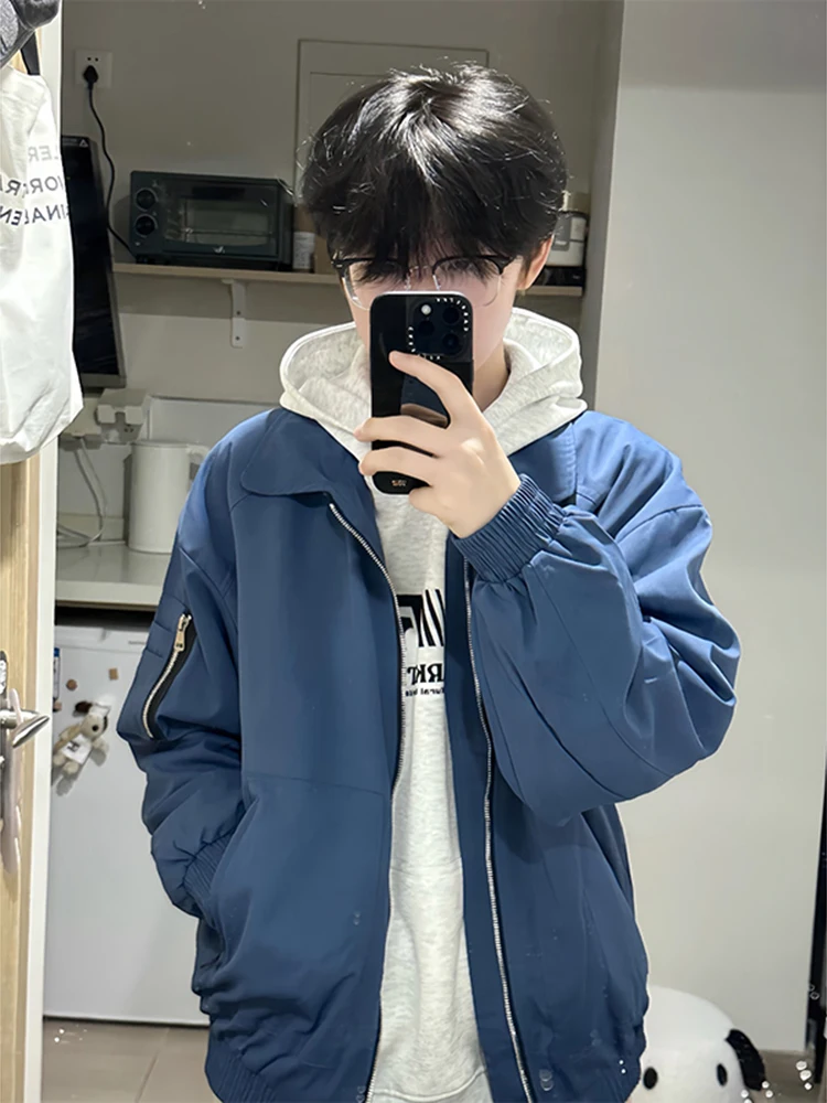 

Винтажная бейсбольная куртка, мужская весенне-осенняя синяя куртка пилота с американским воротником, рабочая одежда, модная верхняя одежда