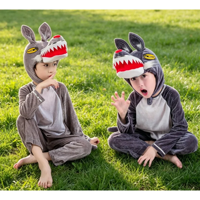 

Children Gray Wolf Animals Cartoon Role Play Outfit Halloween Stage Performance Soft Full Set Party Fancy Dress For Boys Girls