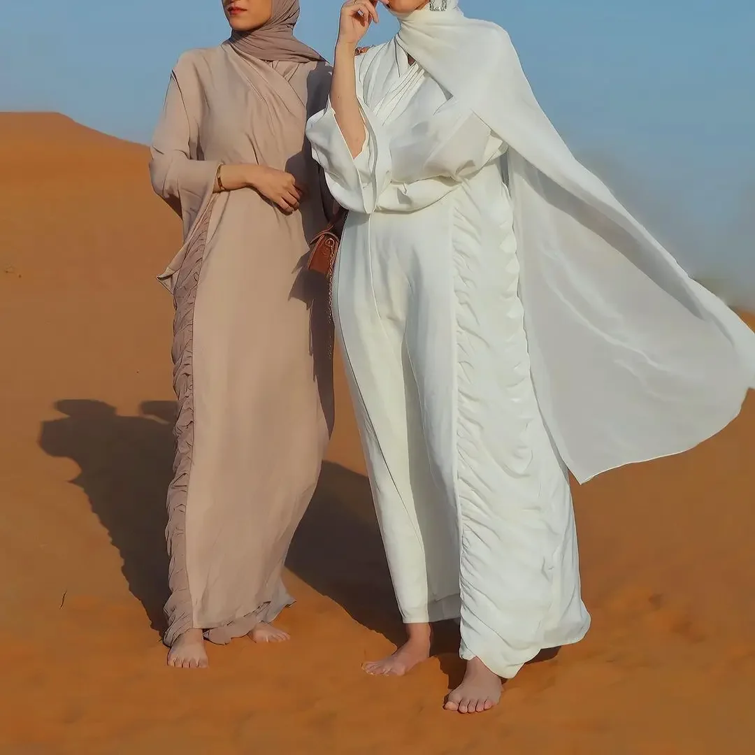 Sukienki muzułmańskie Abayas dla kobiet Turcja Dubaj Sznurowany elegancki kardigan Szaty Vintage Wzburzona sukienka Maxi Damska Casual z długim rękawem