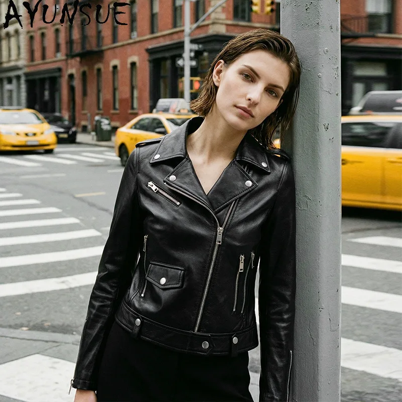 AYUNSUE Real Leather Jacket Woman Motorcycle Style Fitted Cowhide Jackets for Woman Commuter Short Outerwear Woman Clothes 2026