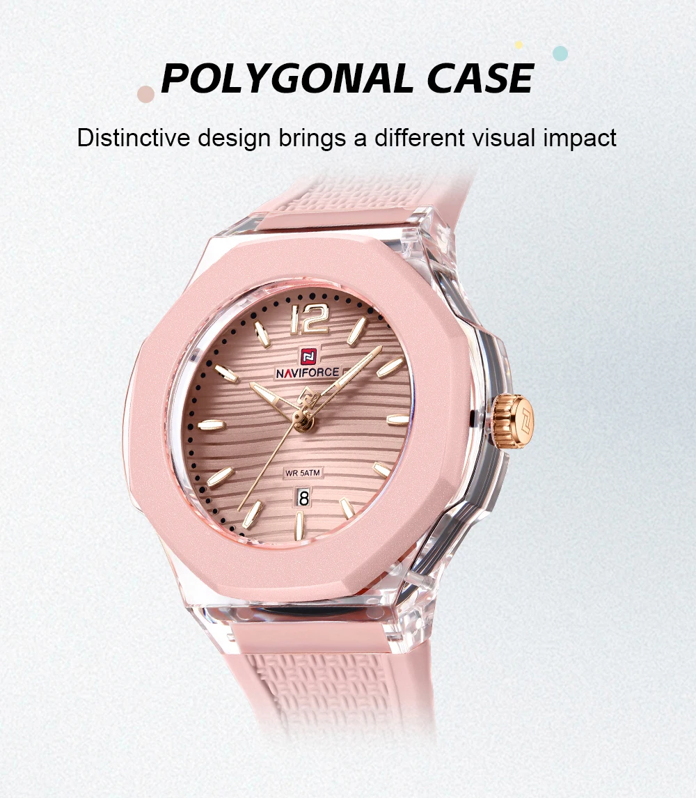 NAVIFORCE 5ATM Waterproof Simple Design Silicone Rubber Band Women's Watch Luminous Pointer Display Standard Quartz Calendar