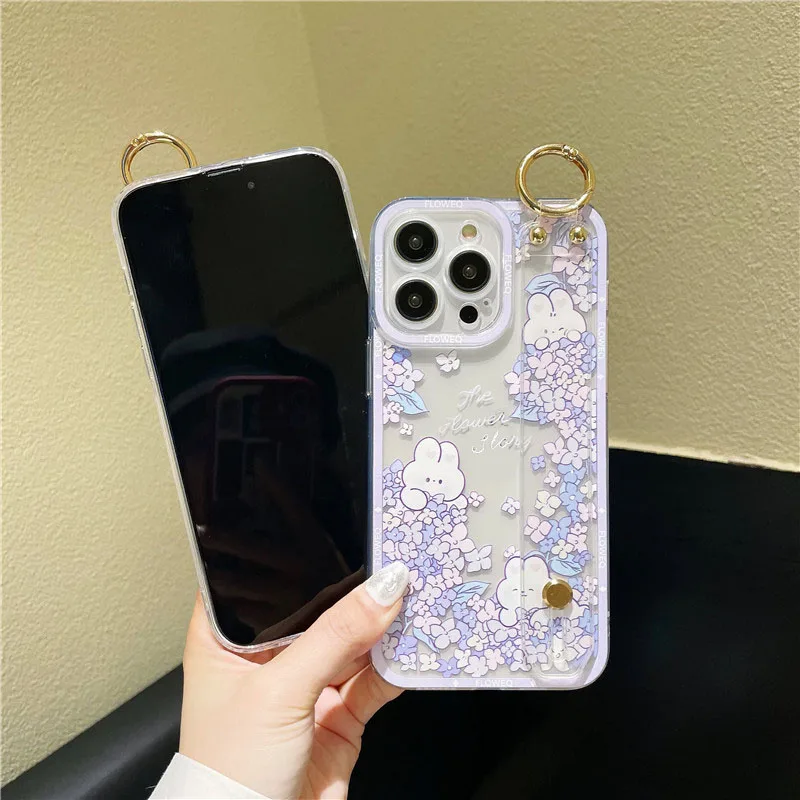 Korea Cute Flower Little Bear Wrist Strap Case For Samsung S10 S20 S21 S22 FE S23 5G NOTE20 ULTRA 10 Plus Stand Soft Cover