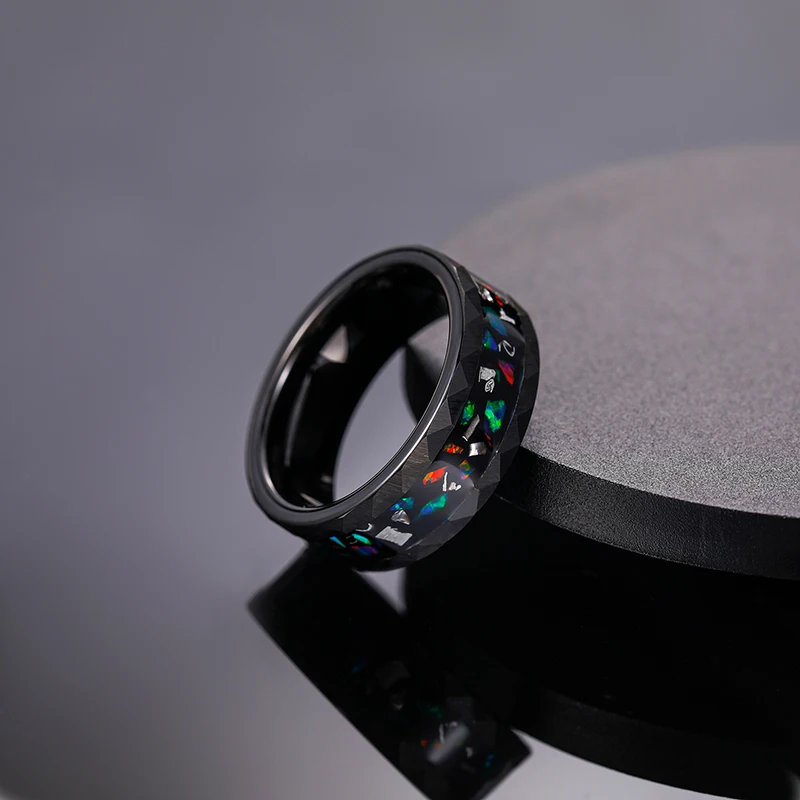 Tigrade 8mm Men's Black Tungsten Wedding Rings For Men Opal and Metal Slag inlay Hammered Edge Engagement Promise Ring Jewelry view 4
