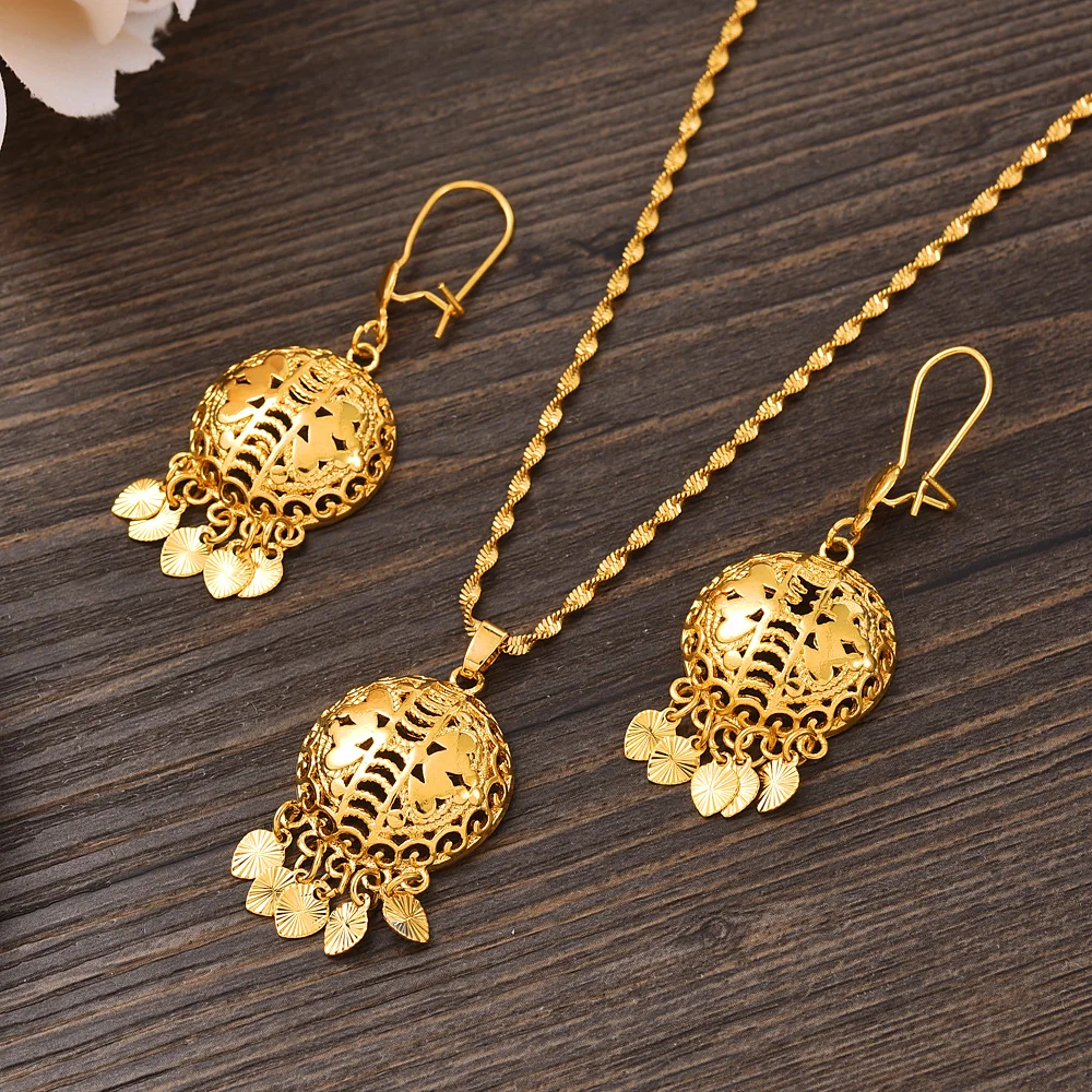 Dubai Gold Color Necklace Earring Set Party Jewelry Sets Round Gift Charms Girls Kid Jewelry