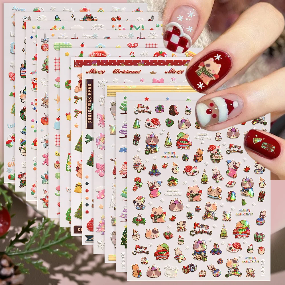 12 unids/set de pegatinas para uñas con diseño de oso/gatito de Navidad, efecto de cristal láser 5D, pegatinas para uñas con copos de nieve y árbol de Navidad, decoración navideña DIY