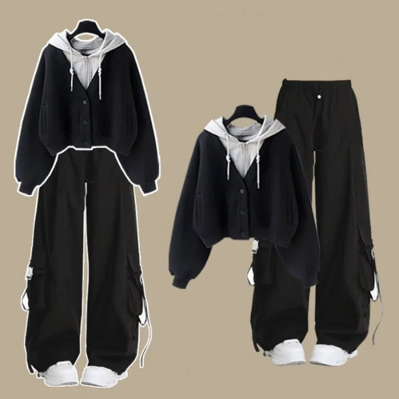 

2025 Girl Autumn Winter New Casual Tracksuit Matching Set Korean Elegant Fake Two-piece Hooded Sweatshirt+Loose Cargo Pants Suit