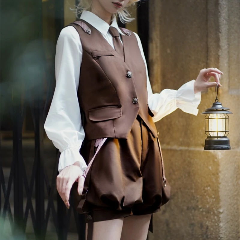 

Japanese Gothic Y2k 3 Piece Set Vintage Sweet Detective Lolita White Bow Shirts Vest Suspender Shorts Suit Casual Prince Outfits