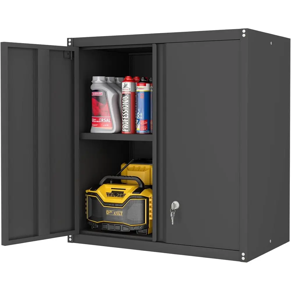 

Metal Wall-Mounted Cabinet with Lock & Adjustable Shelves for Home, Office, Garage, Kitchen, and Basement Storage in Black