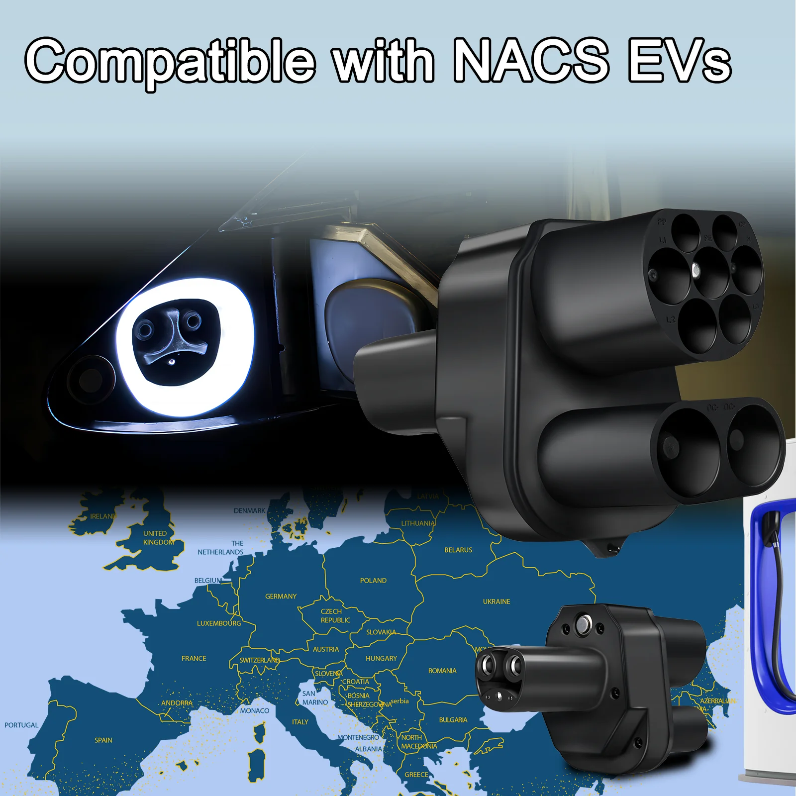 GUWIEYG CCS2 a Tesla AC DC EV Adaptador de cargador Compatible con Tesla Cars CCS2 Combo DC Adaptador de carga rápida