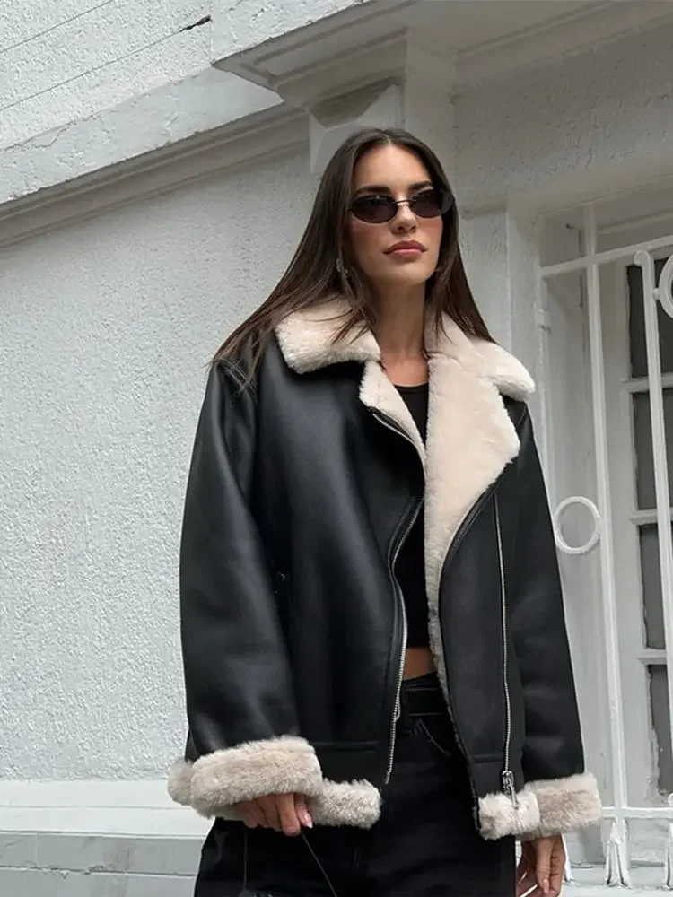 

2024 Winter Woman's Thick Warm Faux Shearling Jacket Double Faced Long Sleeve Lapel Zipper Leather Coat Chic Female Streetwear