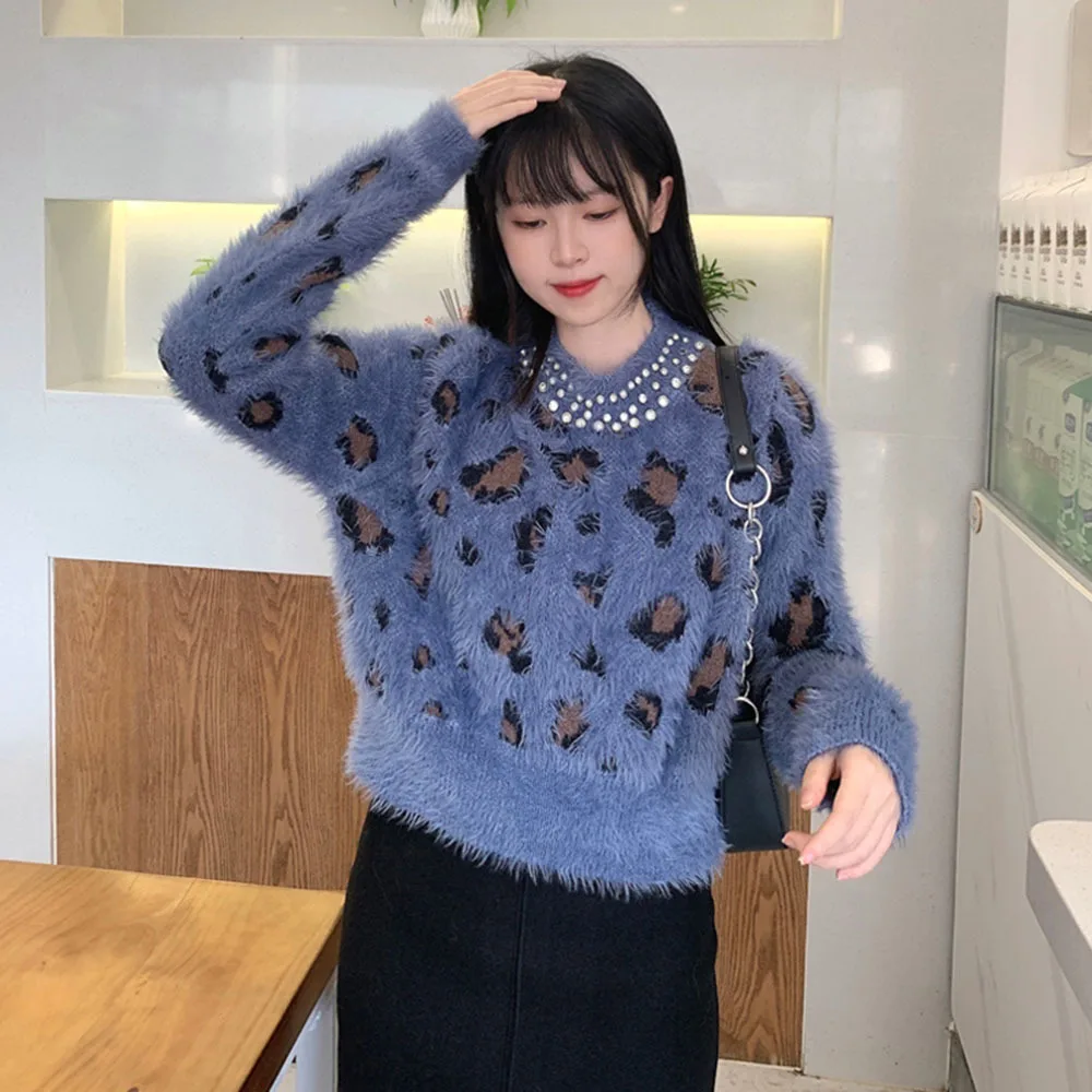 2022 Winter Clothing Women\'s Pullover Loose Fashion Sweater Korean Leopard-Print Rhinestone O-Neck Jumpers Long Sleeve Knit Tops