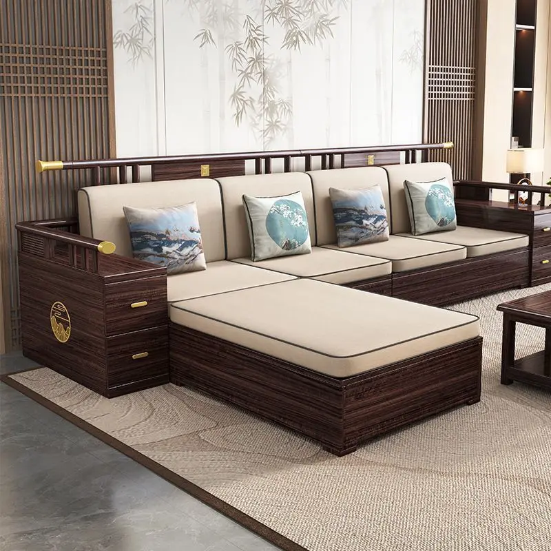 Ebony solid wood sofa combination living room size apartment winter and summer dual-purpose high box storage sofa