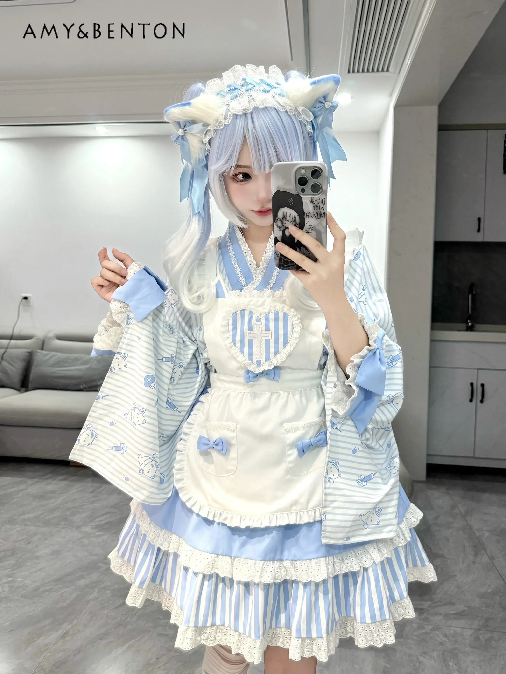 

2025 Gothic Patchwork Color Bell Sleeve Mini Dress Apron Two-Piece Sets Summer Japanese Sweet Harajuku Maid Dress Sets