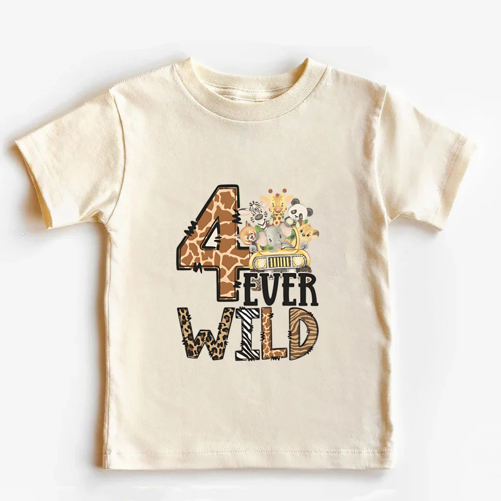 Animal Print Wild Three Four Shirt Zoo Birthday Kids Shirt  Wild Safari Birthday Party Tee Child Boy Girl Jungle Animals Tops