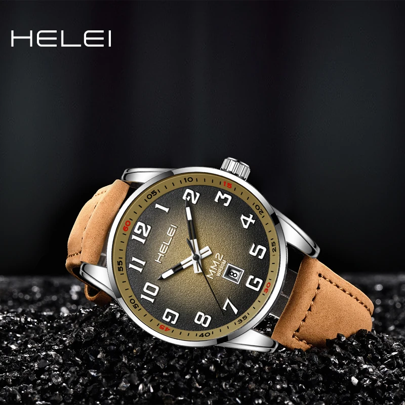 Часы наручные HELEI мужские в стиле милитари, Брендовые спортивные ВИНТАЖНЫЕ КВАРЦЕВЫЕ с классическим циферблатом и кожаным ремешком, с календарем, 2024
