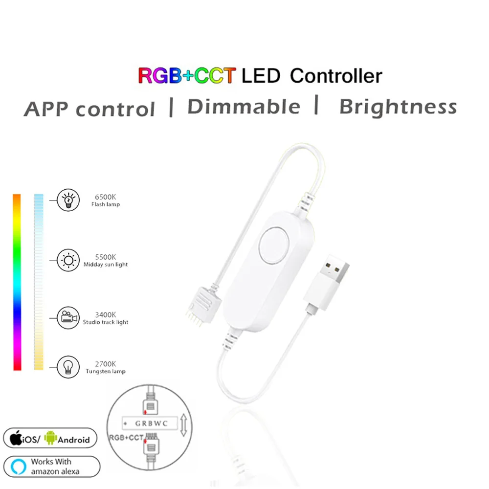 Tuya Smart Wifi USB LED Strip 6pin 5V RGBCCT Color TV retroilluminazione nastro luminoso decorazione 90LED/m Smart Life per Alexa Google Home