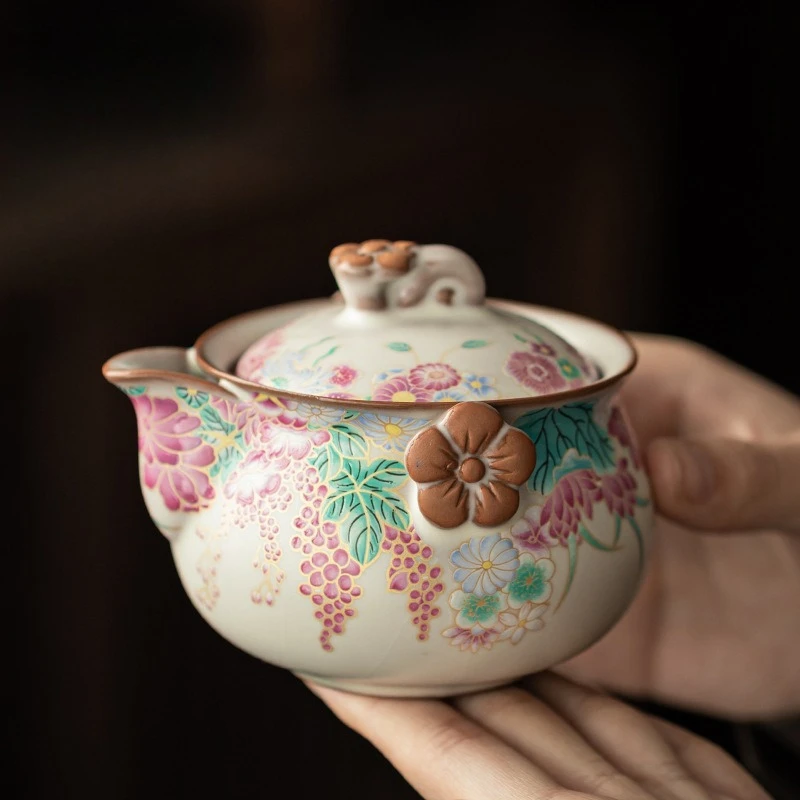 

Exquisite Floral Glaze Gaiwan Teapot Traditional Chinese Tea Ware Artistic Tea Brewing Vessel Ceramic Desktop Decoration