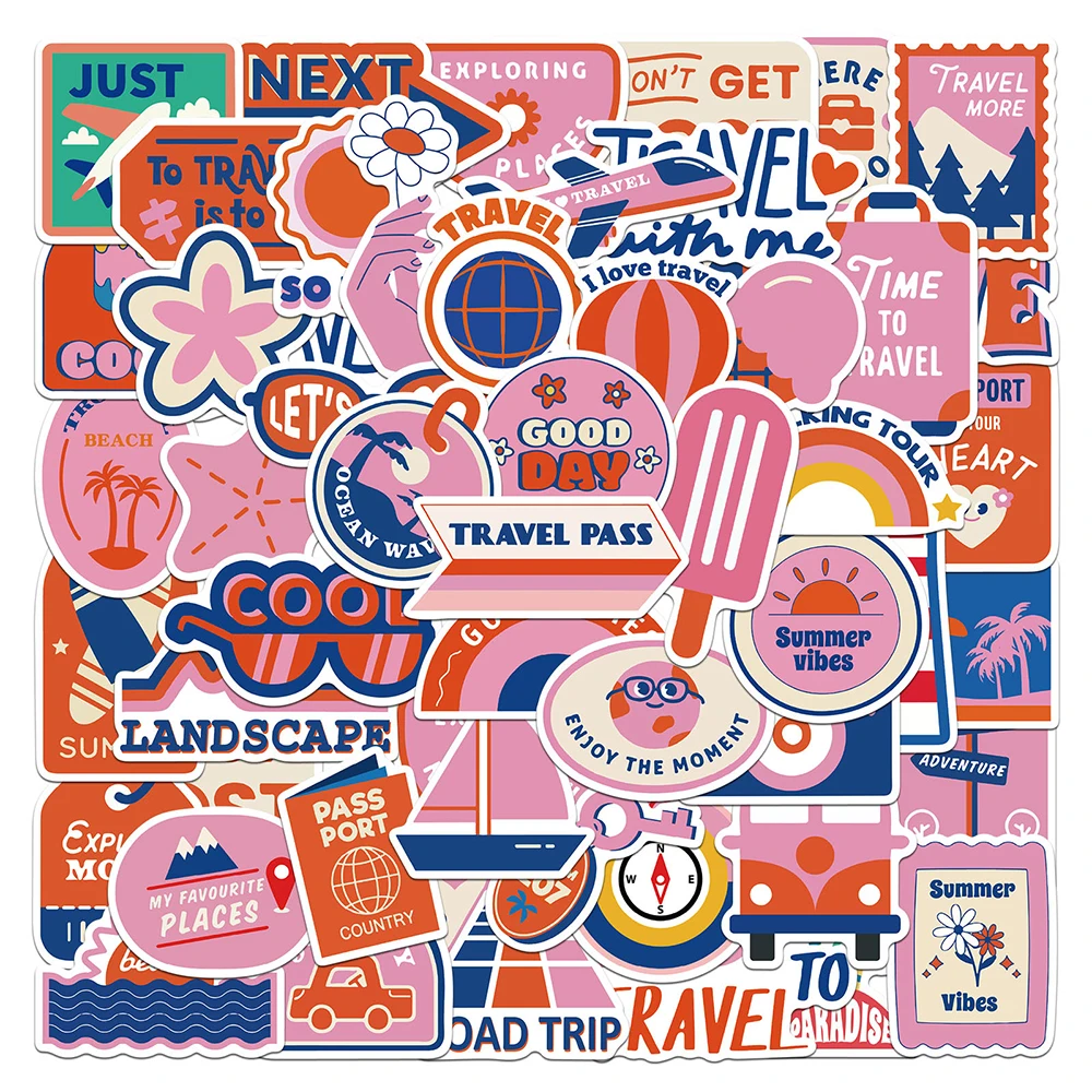 

10/30/50pcs Pink Travel Theme Aesthetic Stickers Cute Cartoon Decals Decoration Notebook Luggage Phone Creative Graffiti Sticker