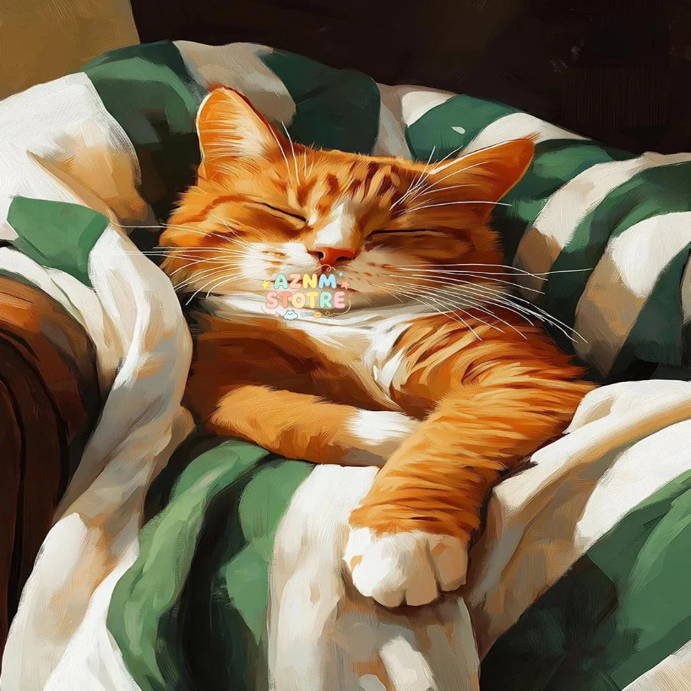 Cozy Cat Whimsical Sleeping Cat Poster Canvas Painting Print Wall Art, Green and Orange Aesthetic Contemporary Home Decoratio