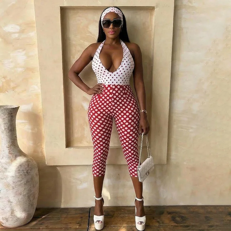 

Polka Dot Print Halter Playsuits Women Summer V Neck Backless One Piece Rompers Patchwork Sleeveless Overalls Outfit Streetwear