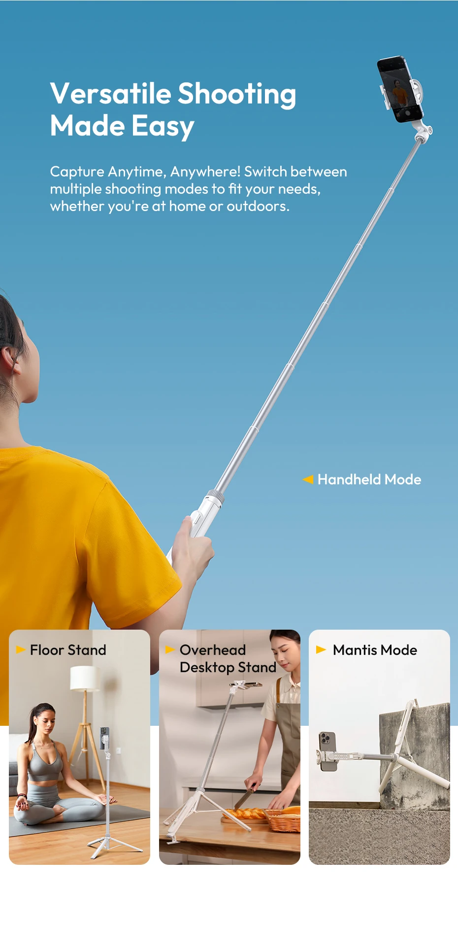 Ulanzi TT88 Overhead-Selfie-Stick 1,44 m mit MagSafe-Klemme, Fotografie-Stativ für Smartphone-Livestreaming und Vlogging mit Fernbedienung, Dual Cold Shoe, Fernbedienungslicht, Desktop-Aufnahme, Mantis-Halterung – Detail 3
