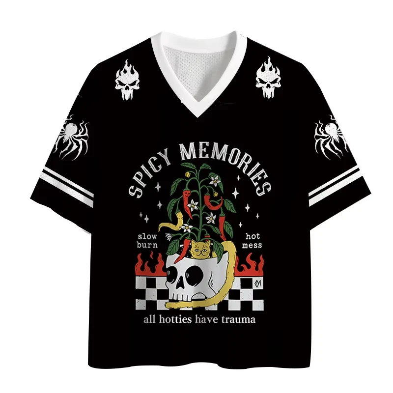 Men Y2K Hip‑Hop Mesh Short Sleeve Top Skull Chili Print V‑Neck Black Red Colorblock Streetwear Casual Pullover Shirts