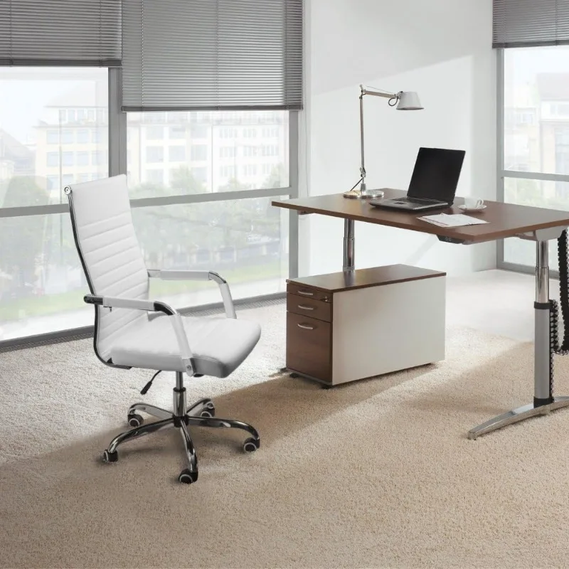 Silla de escritorio de oficina acanalada con respaldo medio, silla ejecutiva de cuero PU para tareas de conferencias, silla giratoria ajustable con brazos (blanco)