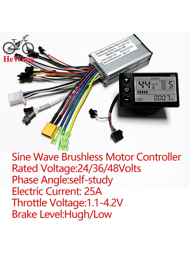 AliExpress NONE Ebike Sine Wave Display Controller 25A Three-Mode 24V/36V/48V with Learn Function S866 LCD Display 350W-500W Motor for E-scooter