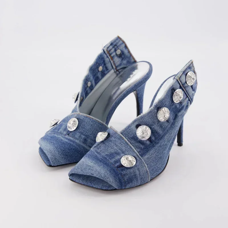 2023 Women\'s Summer European and American Vintage Denim Slim High Heel Button Sandals Fashion New Open Teeth Large Size Sandals