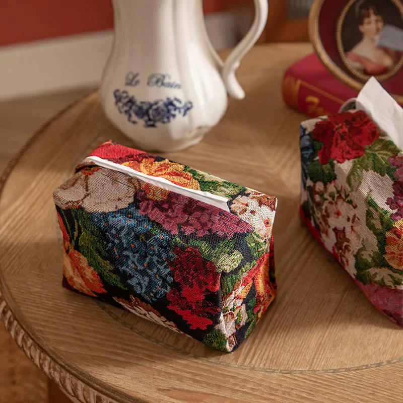 Vintage Floral Cotton Linen Cloth Art Tissue Box Outdoor Tissue Case Portable Storage Car Tissue Holder Desk Table Napkin Holder