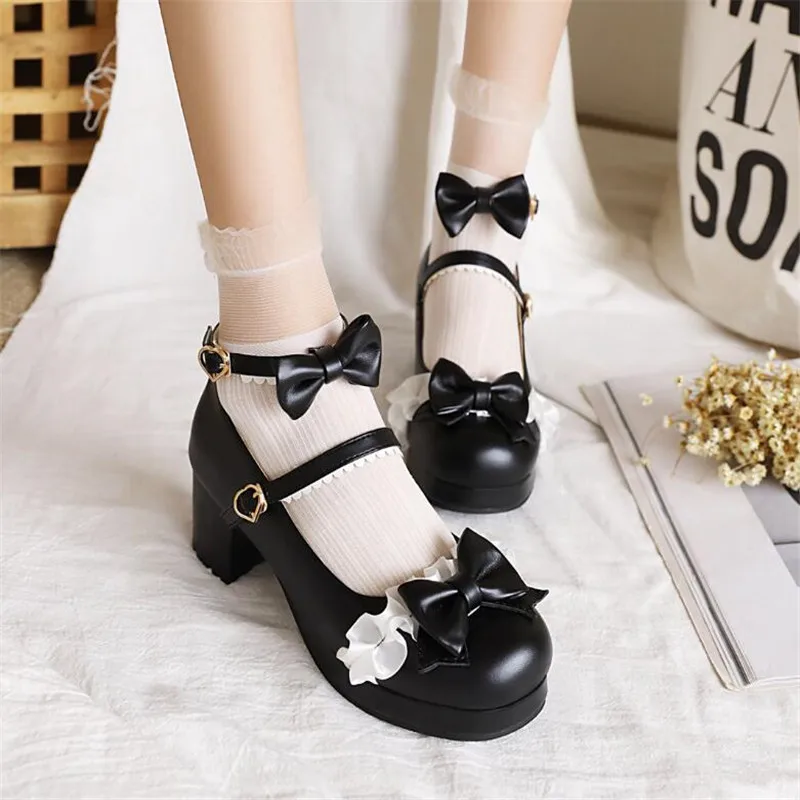 Sepatu pesta pernikahan merah muda putih sepatu anak perempuan Mary Jane Lolita sepatu anak perempuan gaun Princess pita cantik Shoes30-43 hak tinggi