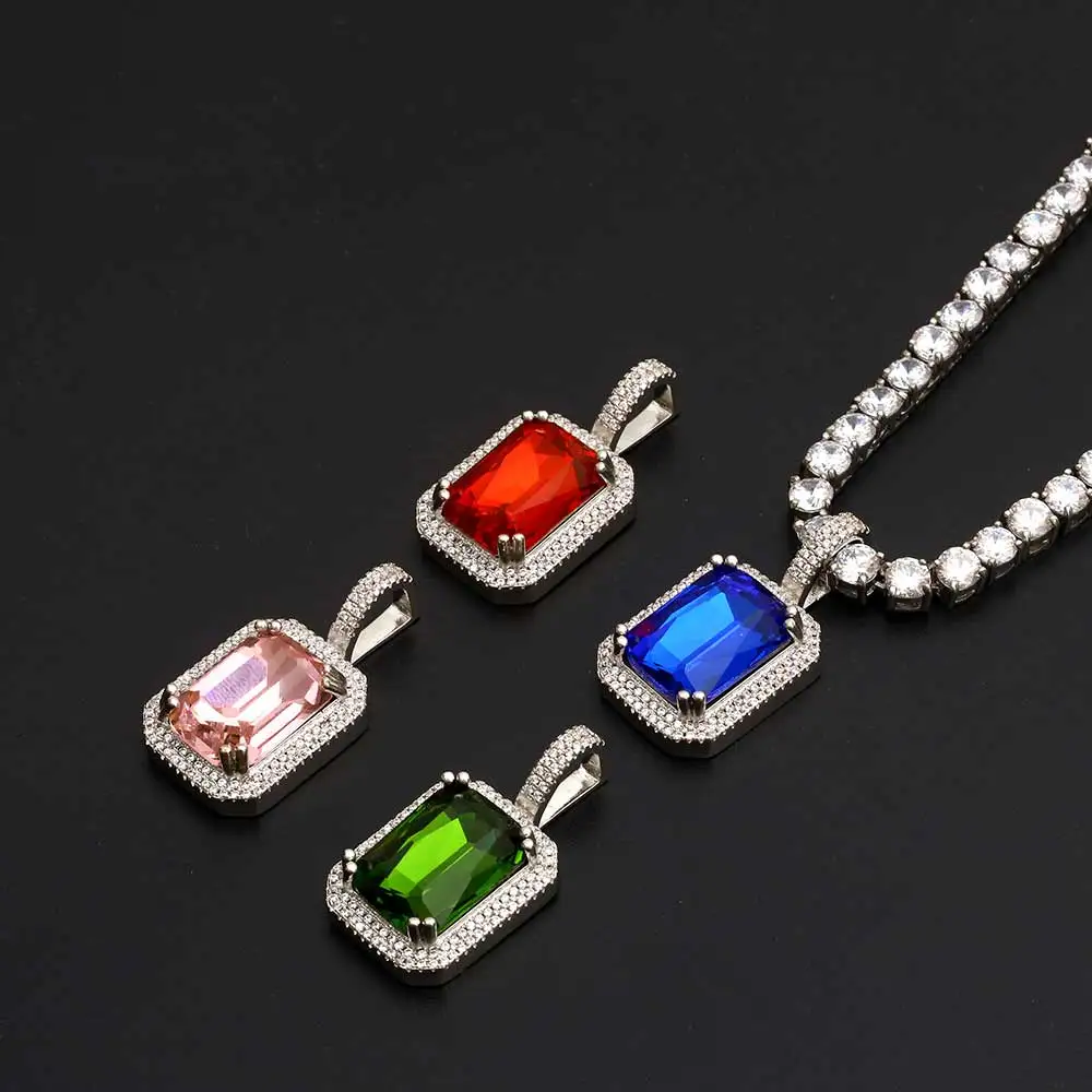 Hiphop Cz Charms Colorful Aquamarine Red/Green/Emerald/Pink/Magnolia Bling Rectangle Gemstone Crystal Pendant Necklace Gift