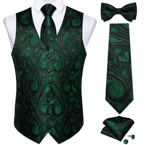 Men Black Paisley Vest Necktie Bowtie Pocket Square Cufflinks Dress Set жилетка мужская Classic 5 PCS Business Waistcoat for Man - Image 16