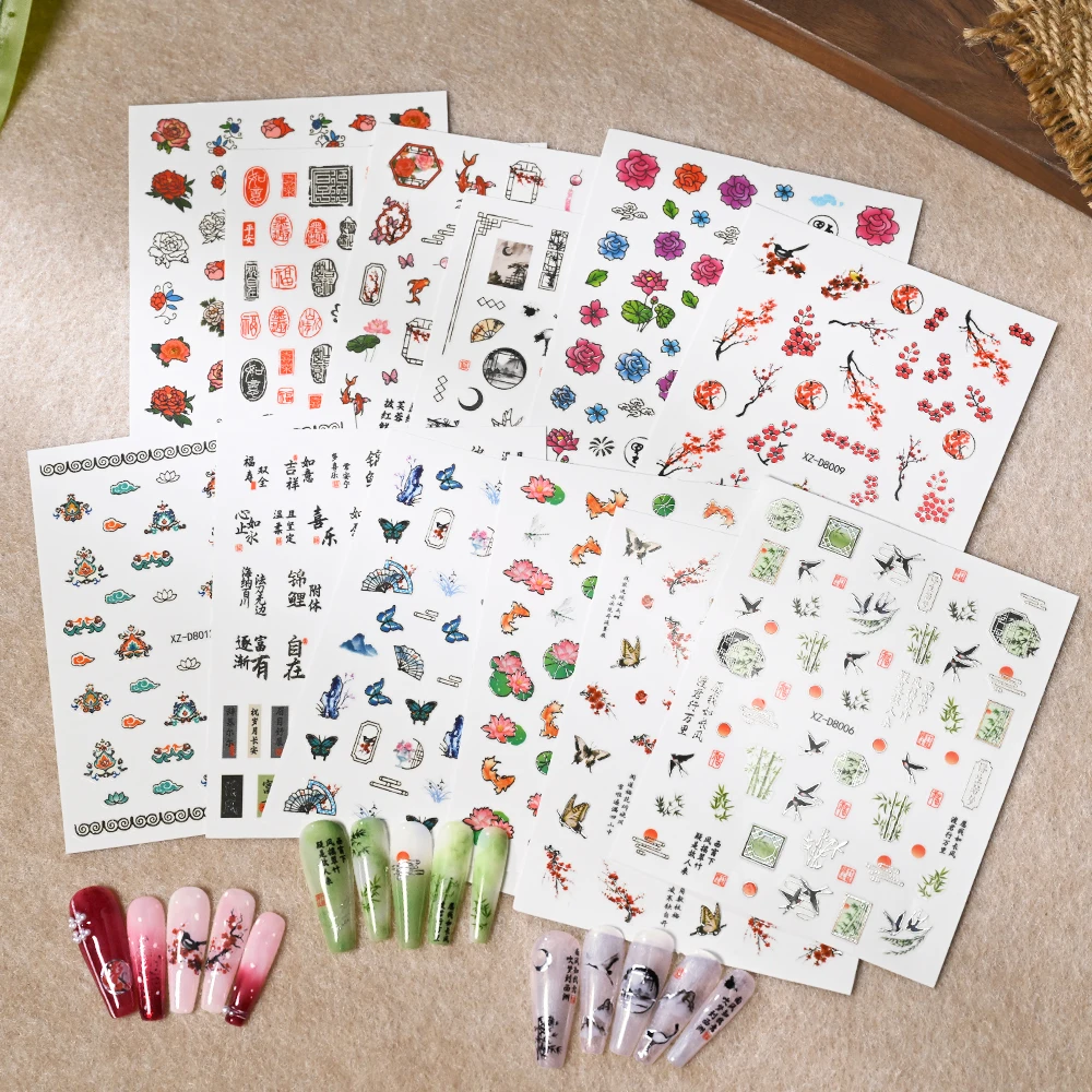 12 Uds. Calcomanías 3D Vintage de bambú/hoja/flor de ciruelo/Pez Koi para uñas, pegatinas de personajes chinos para decoración creativa de uñas