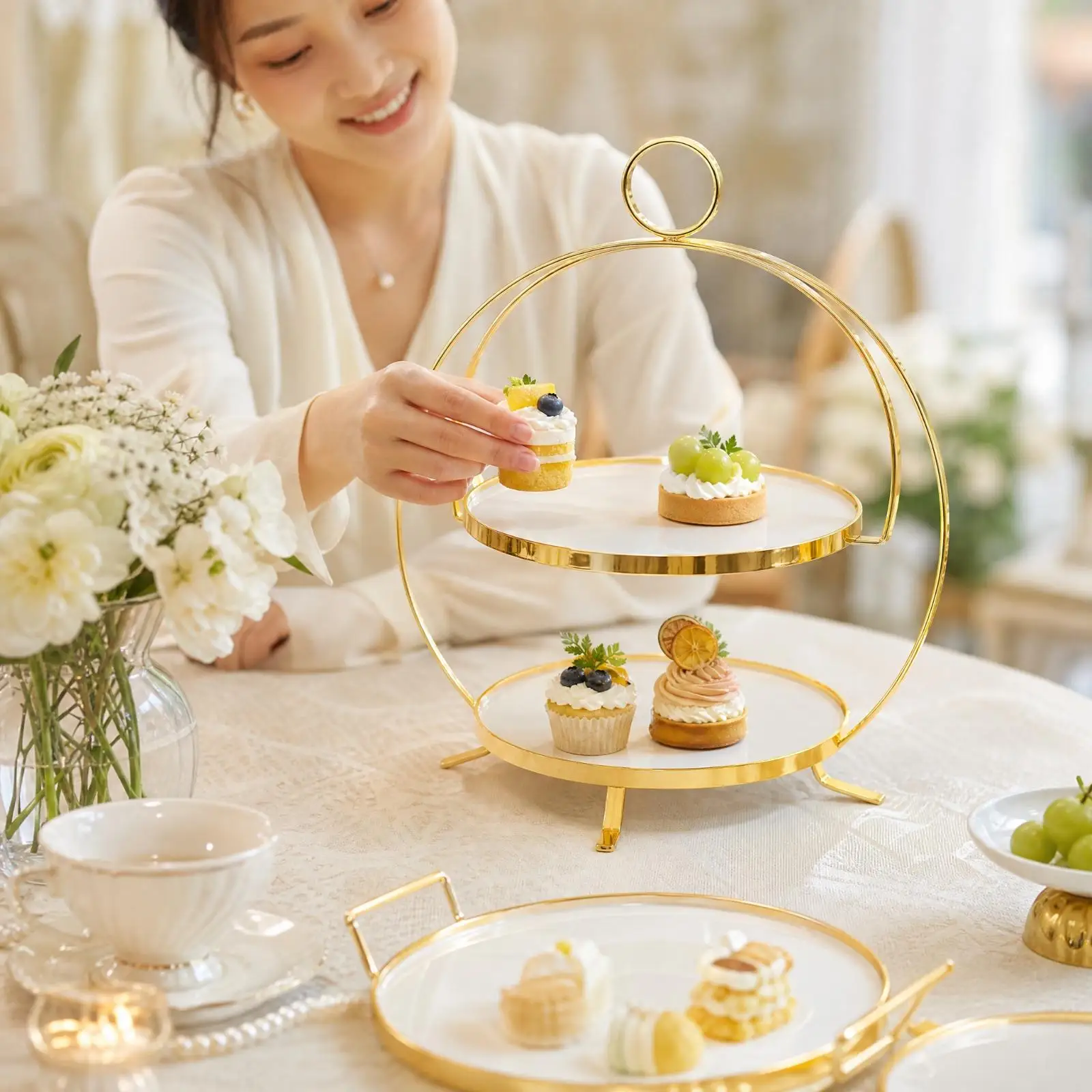 Gold Rimmed Ceramic Dessert Display Stand with Trays for Birthday Cake and Sweet Table