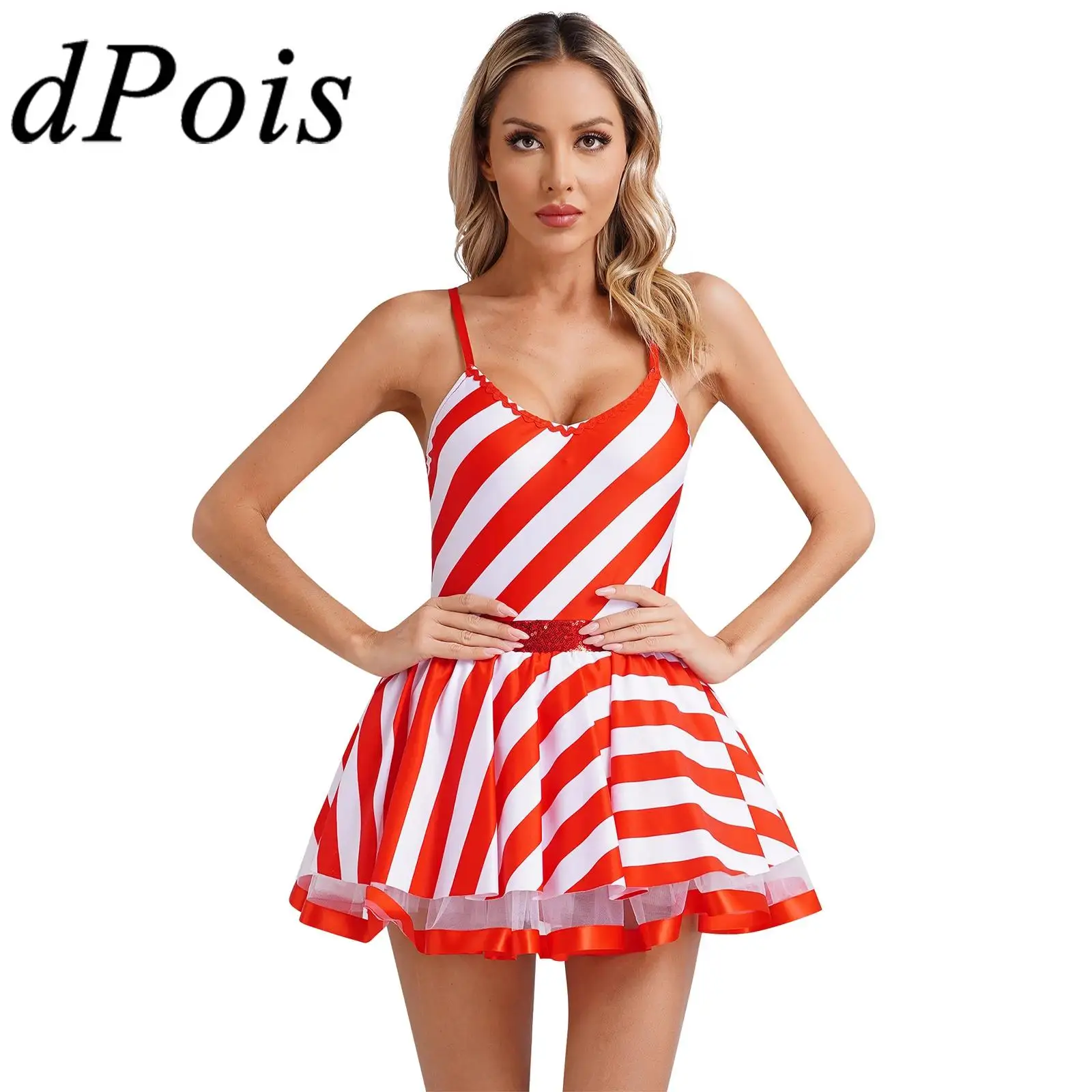 Womens Cosplay Christmas Dress New Year Gift Ballet Tutu Dress Figure Skating Leotard Dancewear Elf Party Candy Cane Costume