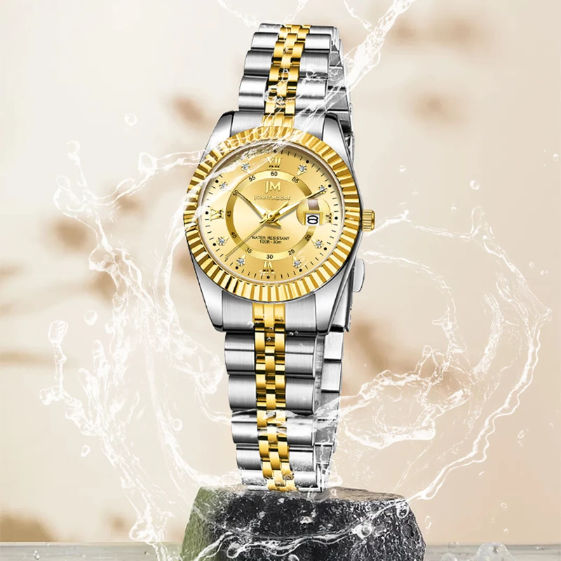 JONNY MOORE J1040 Fashion Luxury Steel Strip Quartz Watch with Diamond Inlaid Waterproof Calendar Diamond Watches for Women's