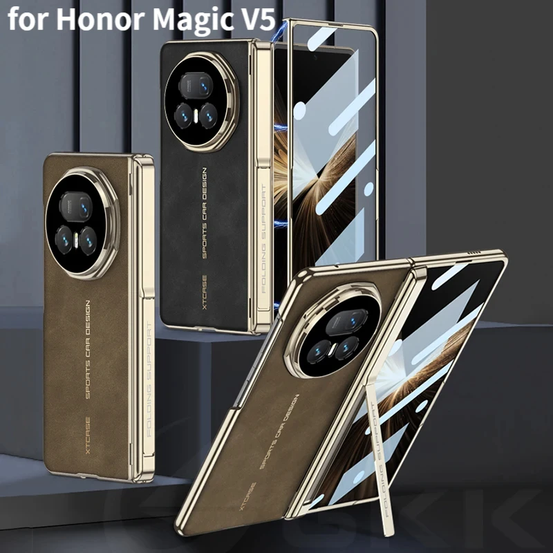

Frosted Leather Magnetic Hinge Stand Case with Wireless Charging Compatible with for Honor Magic V5 Front Screen Glass Cover