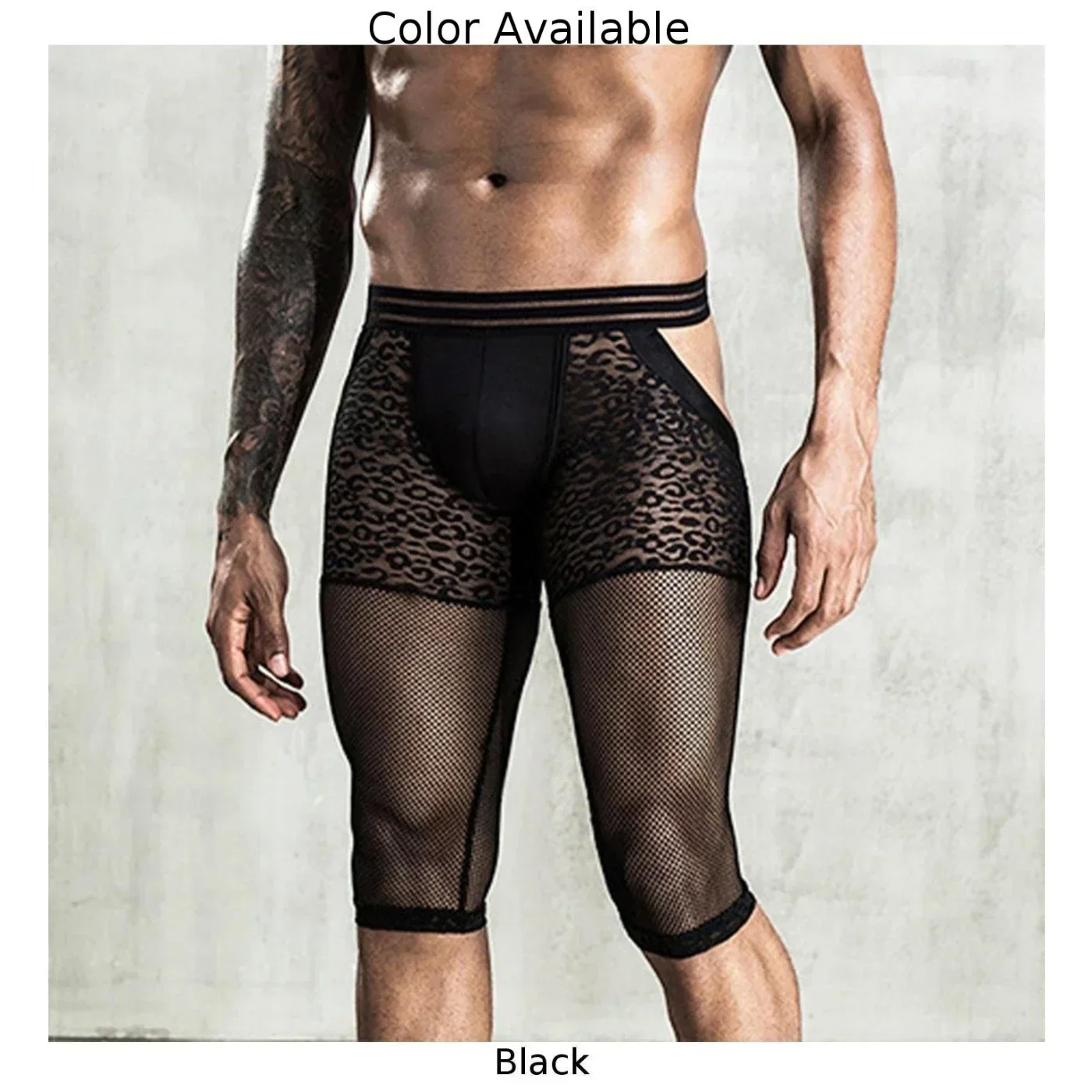 Men\'s See-through Mesh Open Butt Shorts  Bulge Pouch Leopard Underwear