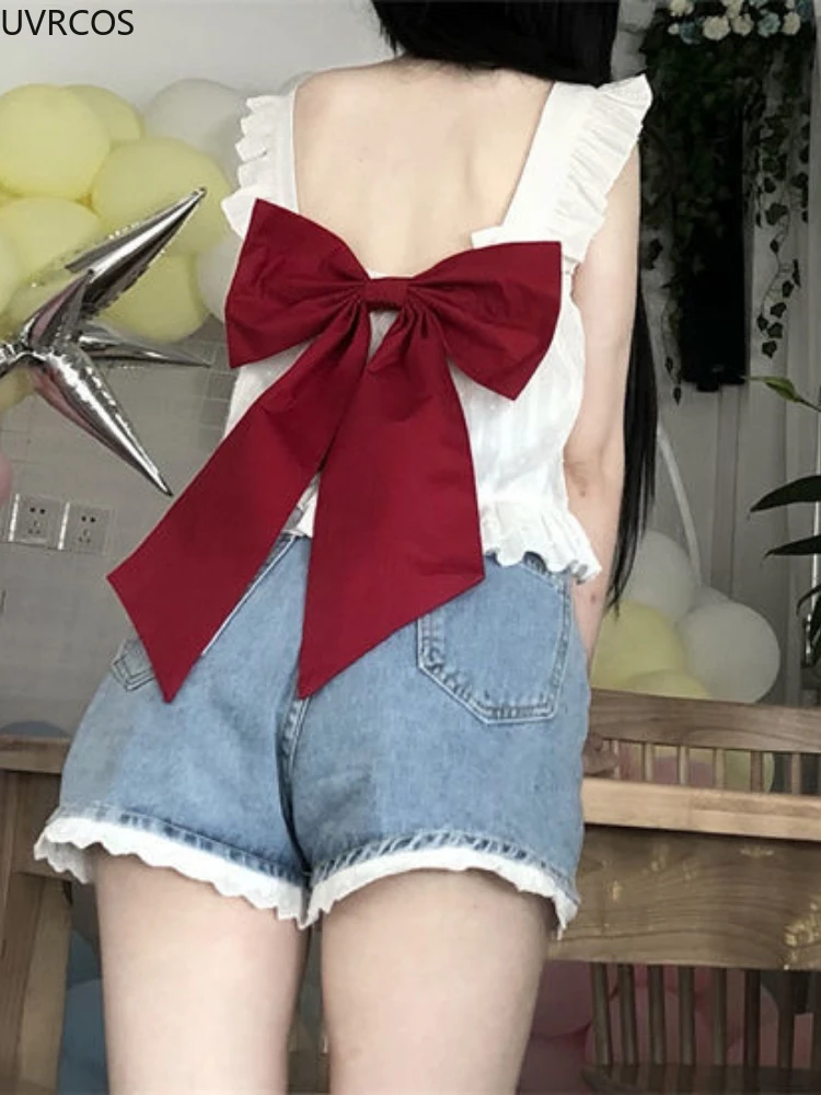 شيك الأبيض لوليتا تانك توب جرلي الحلو اليابانية لطيف كبير القوس المحاصيل Vset المرأة عادية مثير شاطئ بروتيل Harajuku Kawaii الملابس #6